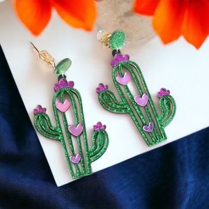 Cactus with pink hearts acrylic CLIP-ON‎ earrings